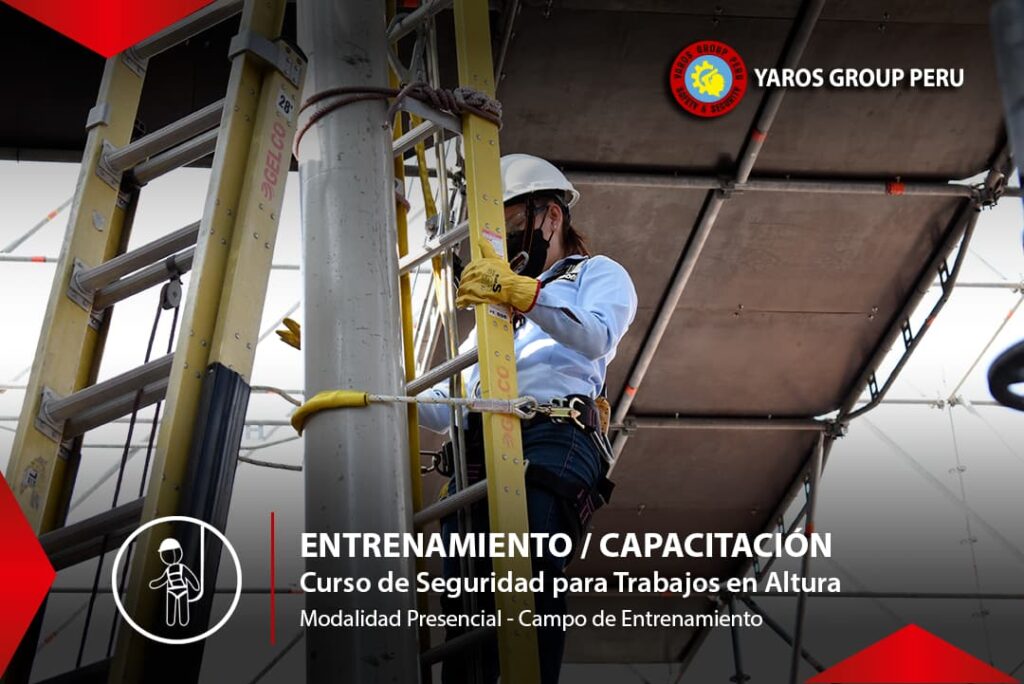 Trabajadora realizando práctica de trabajo en altura con escalera