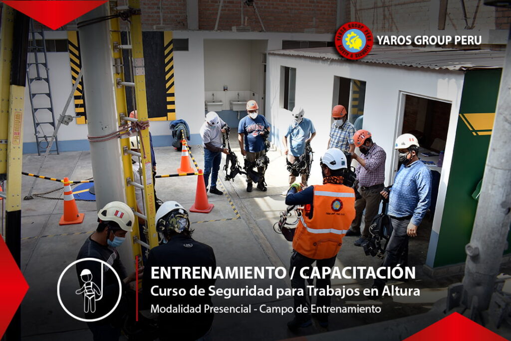 Trabajadores preparándose para una práctica de seguridad en altura